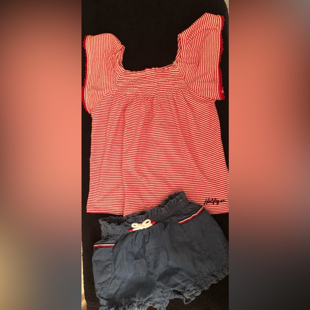 Tommy Hilfiger Red & Navy Girls Matching Set - Striped Top & Shorts